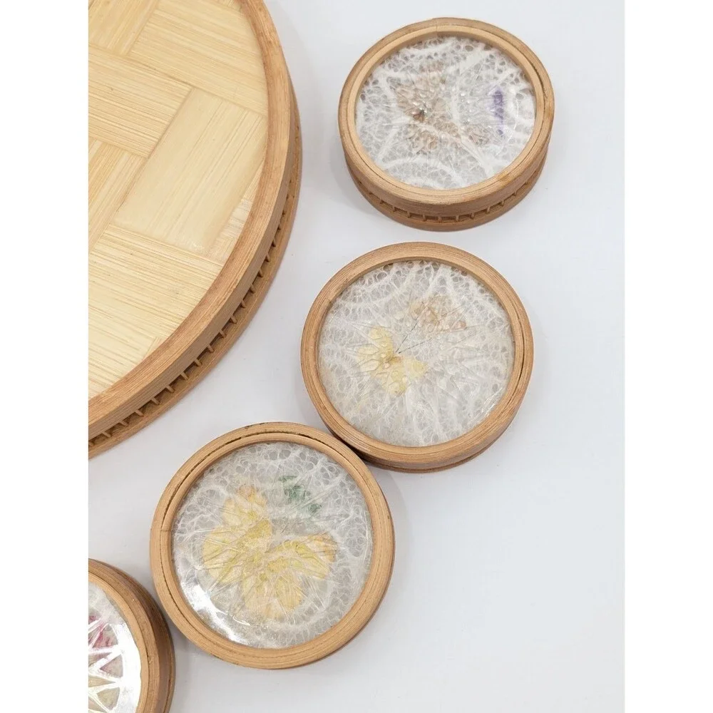 Himark Bamboo Tray Coaster Set Acrylic Pressed Butterfly Flowers 7 Pc Vintage